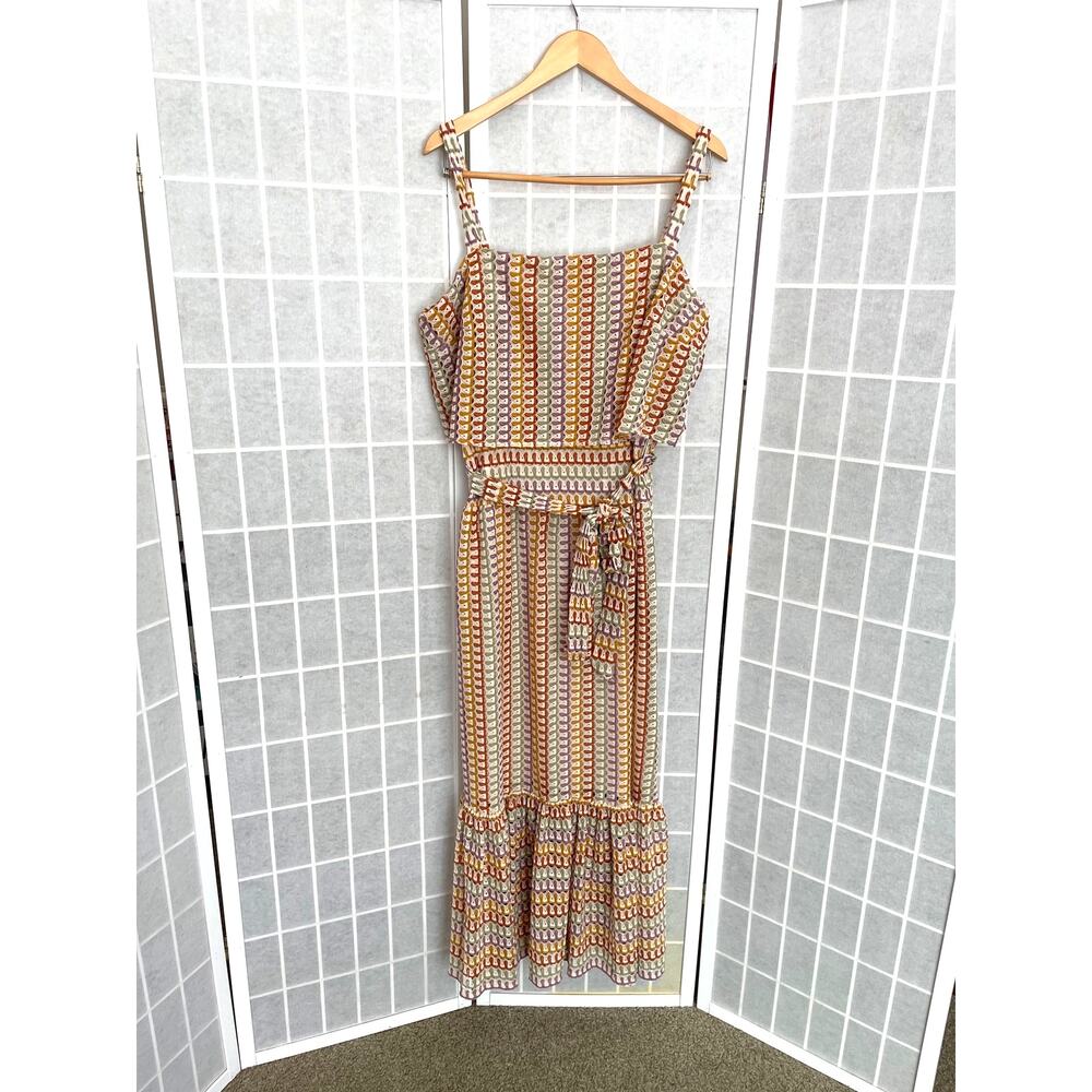 Melonie T Striped Maxi Dress 18 Boho Sleeveless Tie Belt Lined Tiered Multicolor